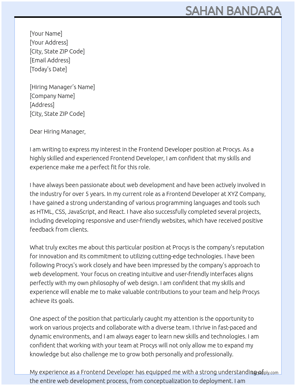 Frontend Developer At Procys Cover Letter