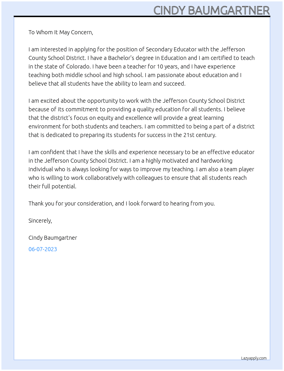 Secondary Educator At Jefferson County School District Cover Letter