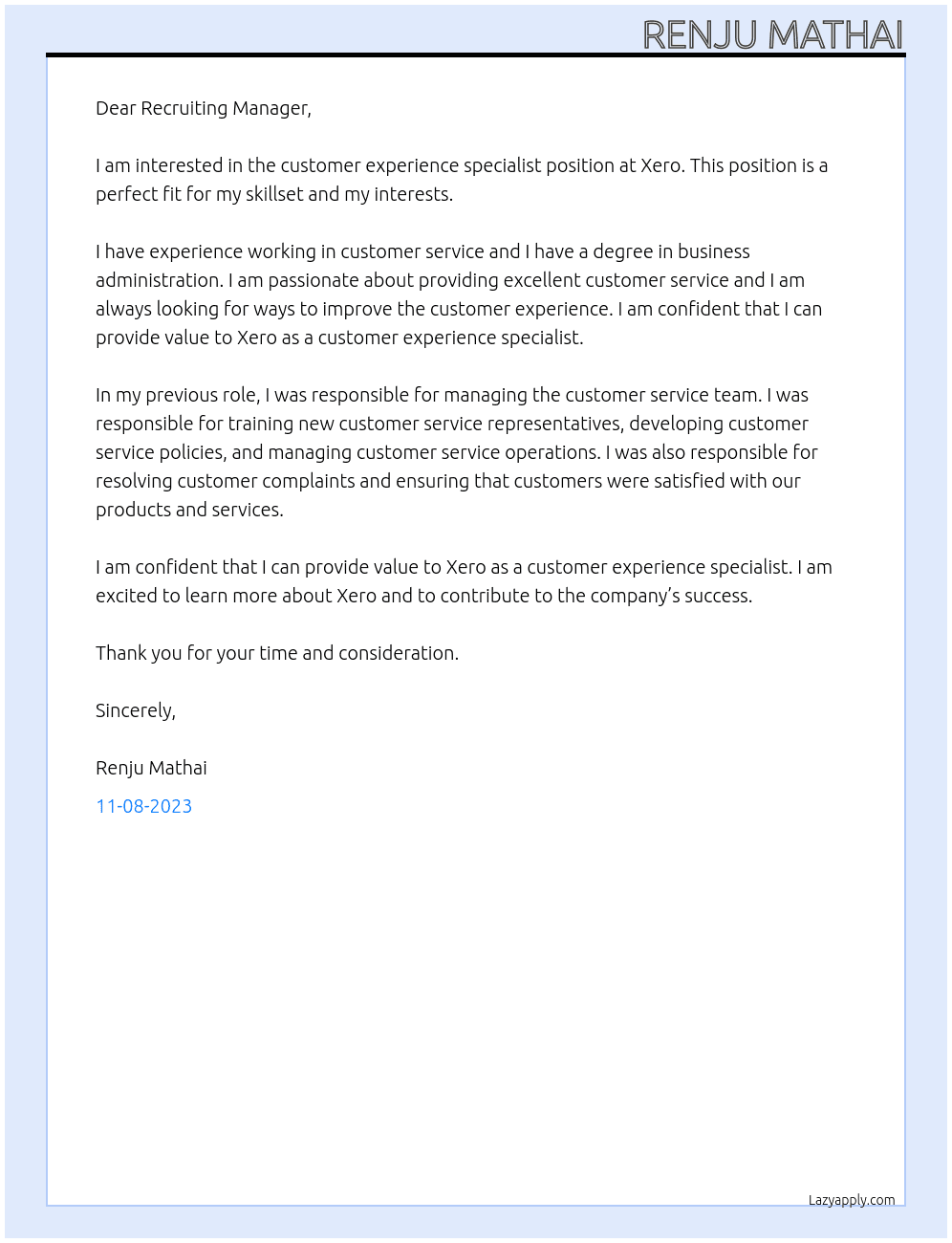 Customer experience specialist  At Xero  Cover Letter
