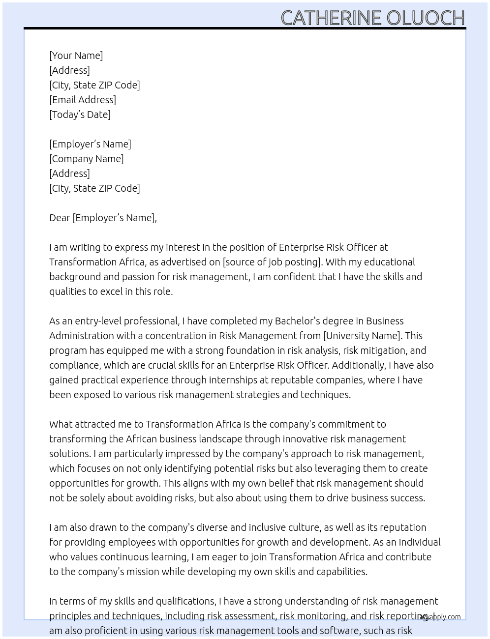 Enteprise Risk Officer - Entry level At Transformation Africa Cover Letter