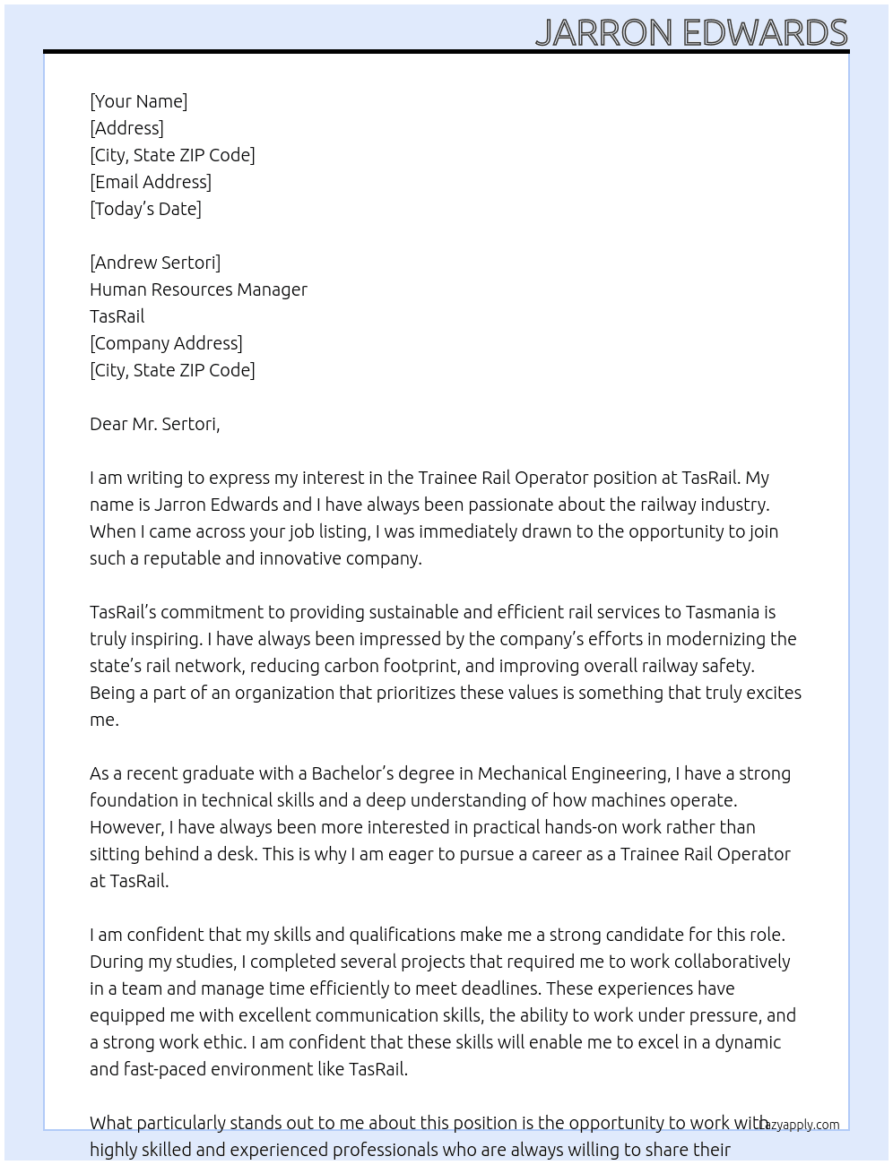 Trainee Rail Operator At TasRail Cover Letter