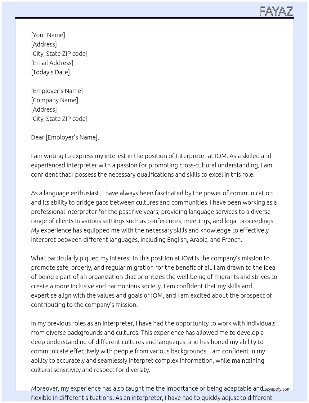 interpreter  At IOM Cover Letter