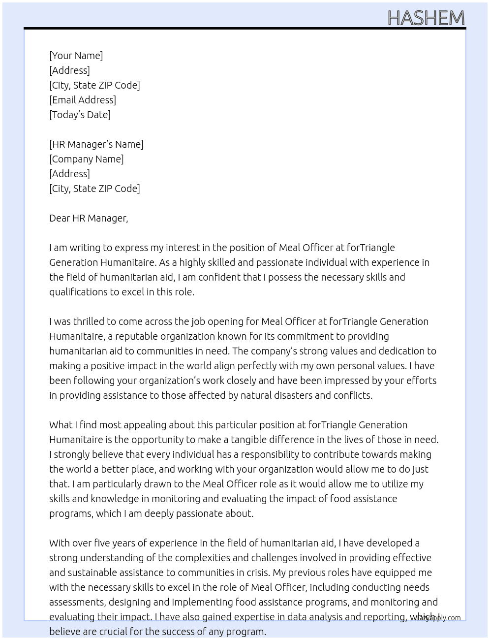 Meal officer At forTriangle Generation Humanitaire Cover Letter