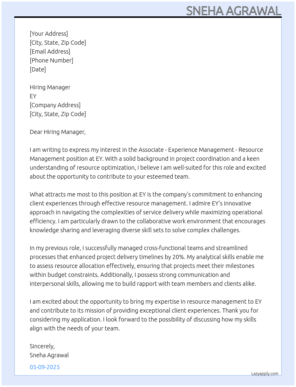 Cover letter for associate-experience management-resource management - LazyApply
