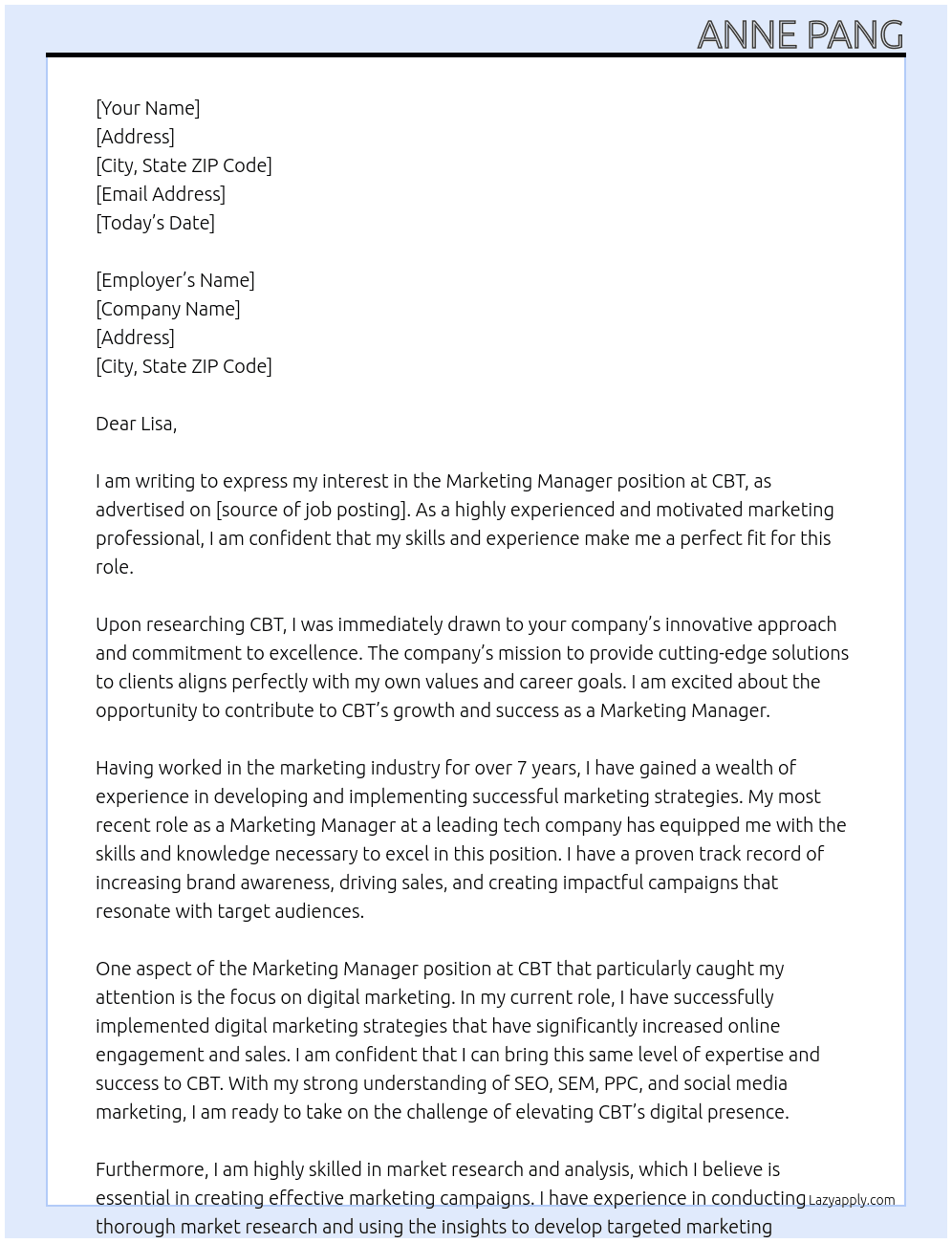 Marketing Manager At CBT Cover Letter