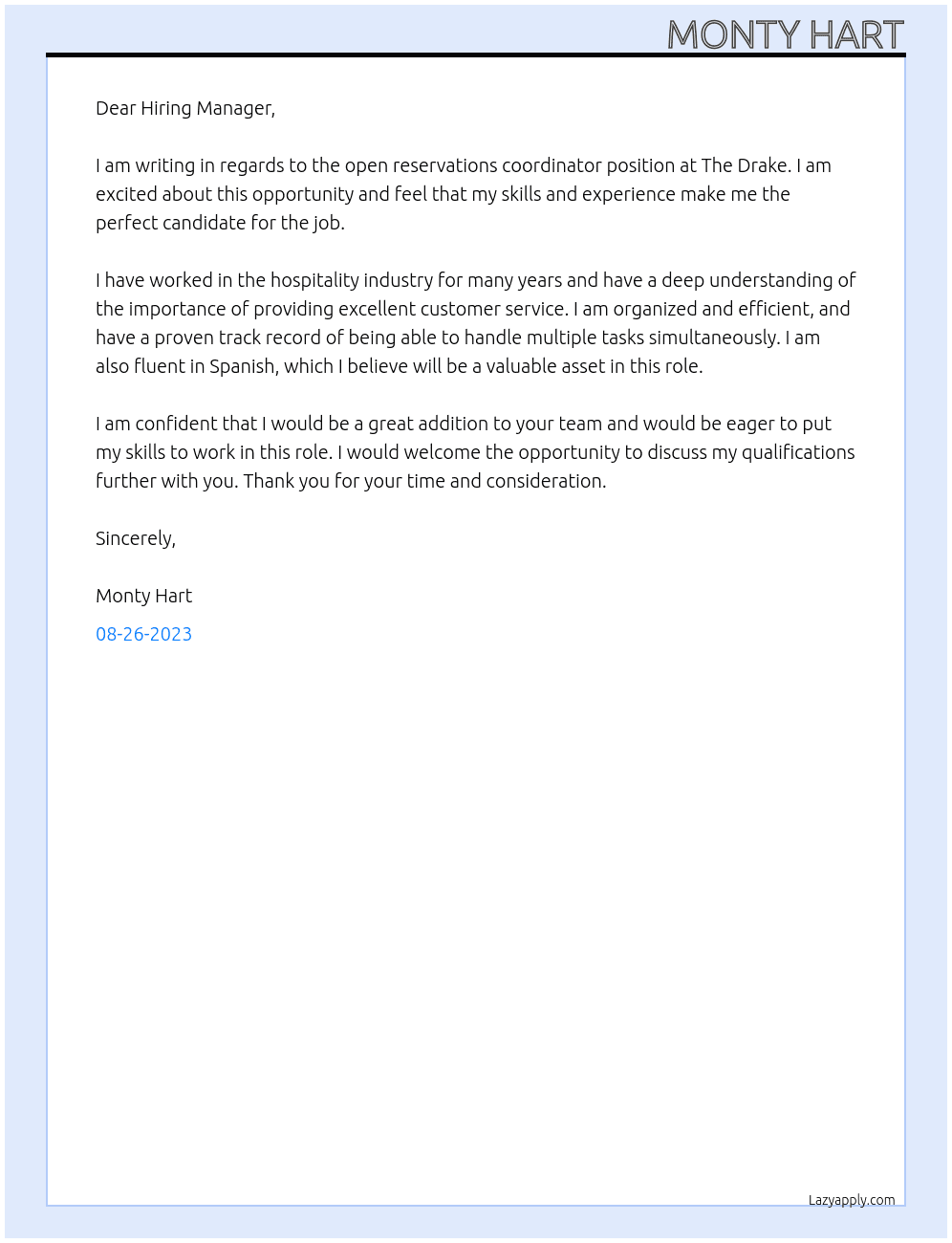 reservations coordinator At The Drake Cover Letter