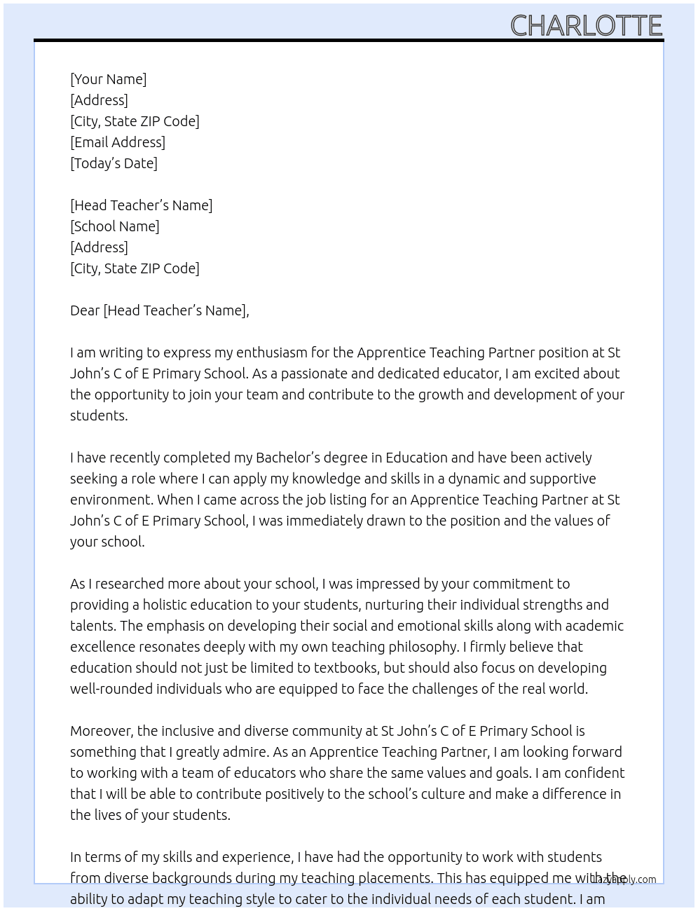 Apprentice Teaching Partner At St John’s C of E Primary School Cover Letter