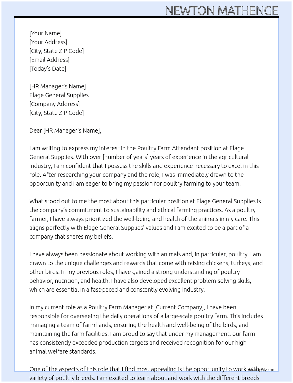 Poultry Farm Attendant At Elage General Supplies Cover Letter