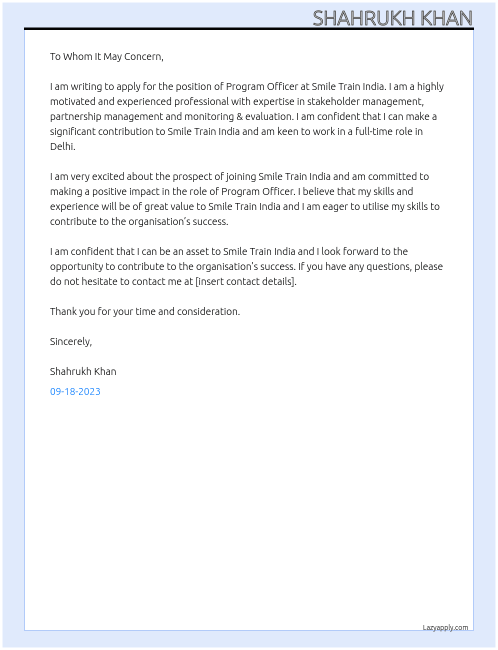 Program Officer  At Smile Train India Cover Letter