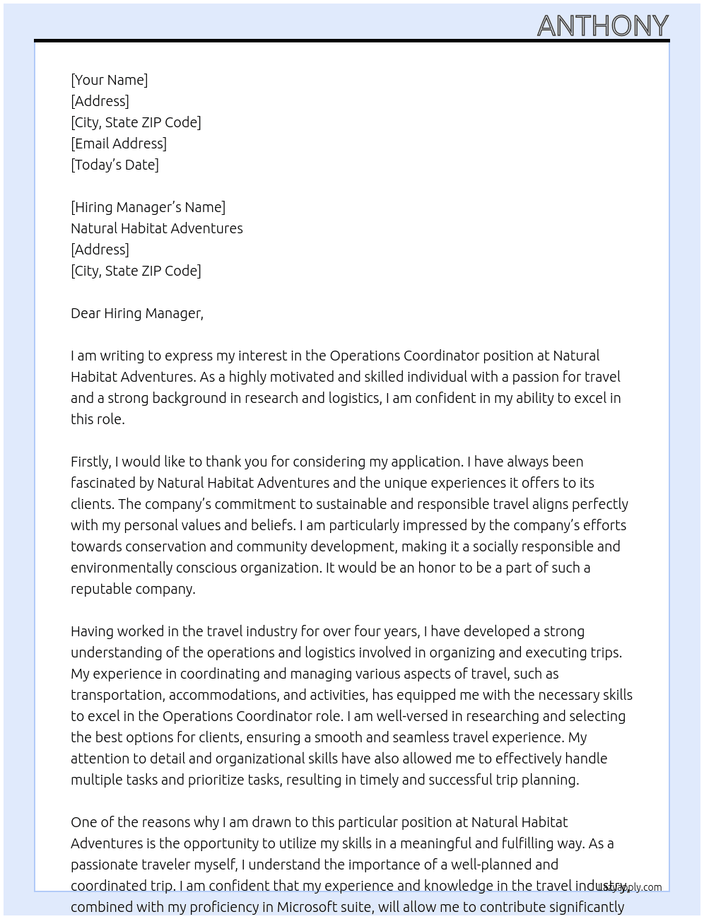 Operations Coordinator At Natural Habitat Adventures Cover Letter