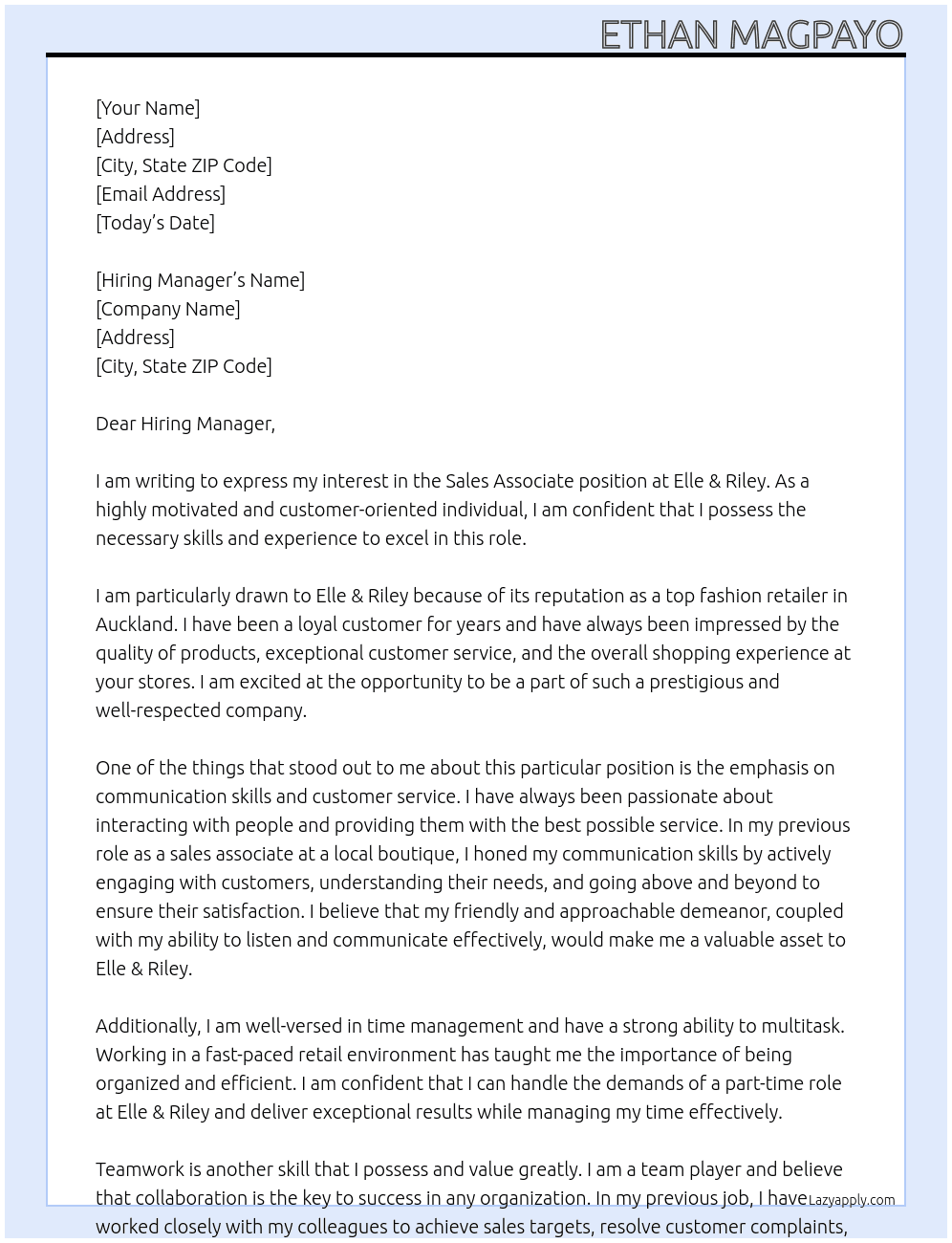 Sales Associate At Elle & Riley Cover Letter
