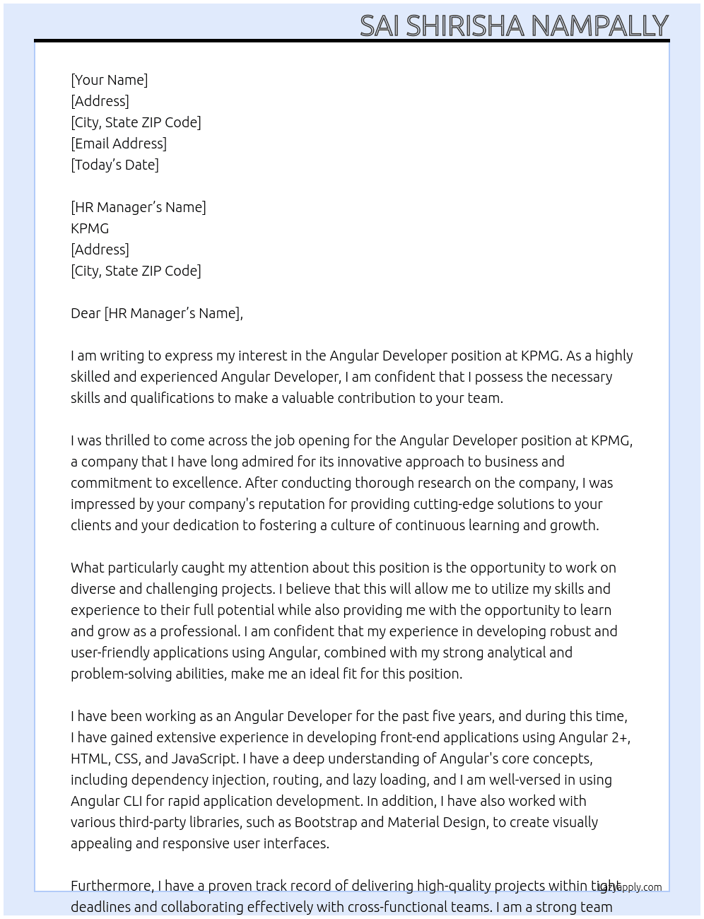Angular Developer At KPMG Cover Letter