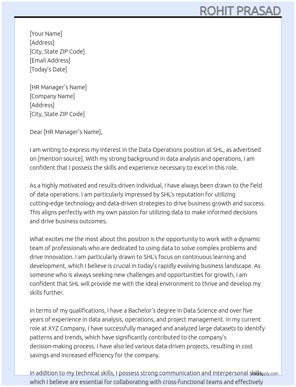 Data operations At SHL Cover Letter