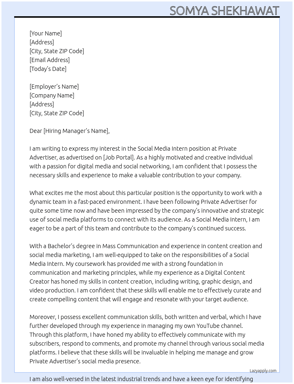 Social Media Intern At Private Advertiser Cover Letter