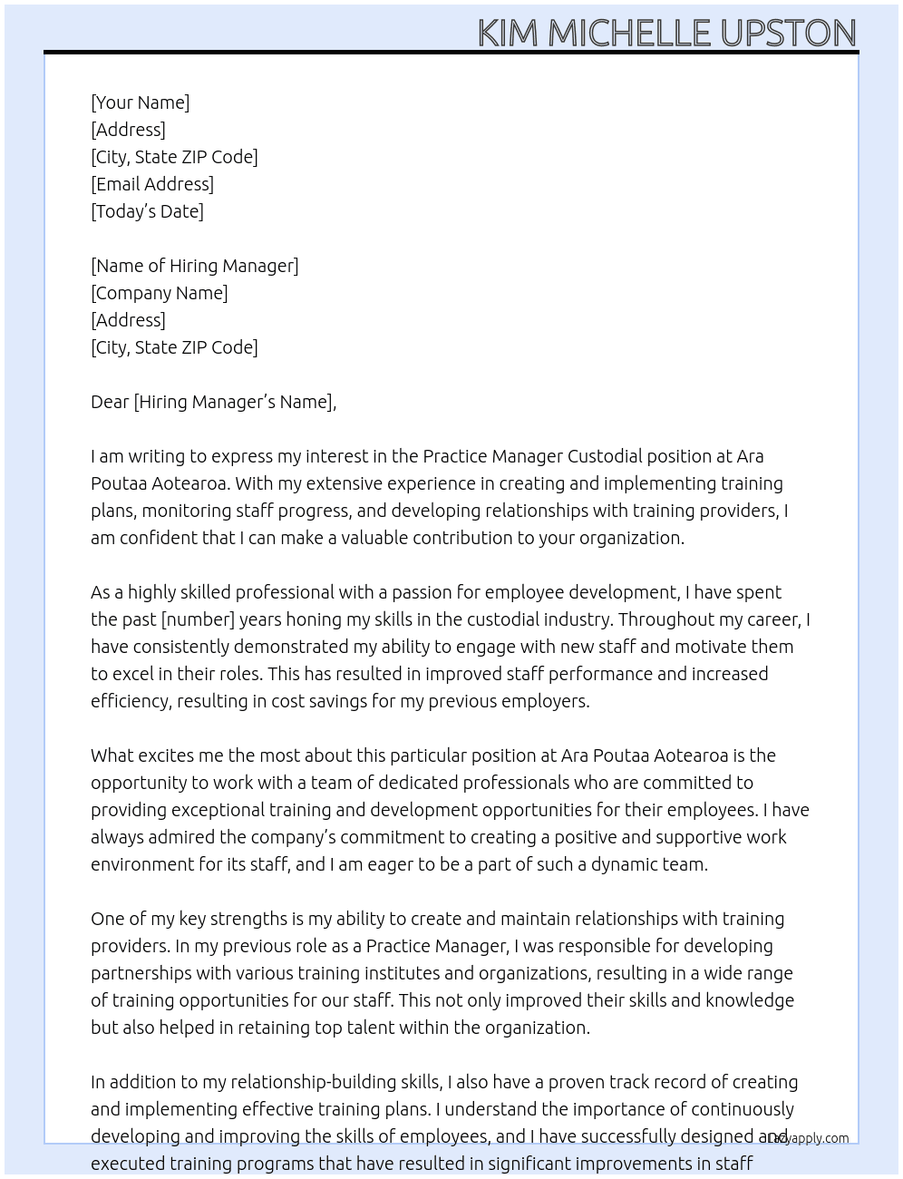 Practice Manager Custodial  At Ara Poutaa Aotearoa  Cover Letter