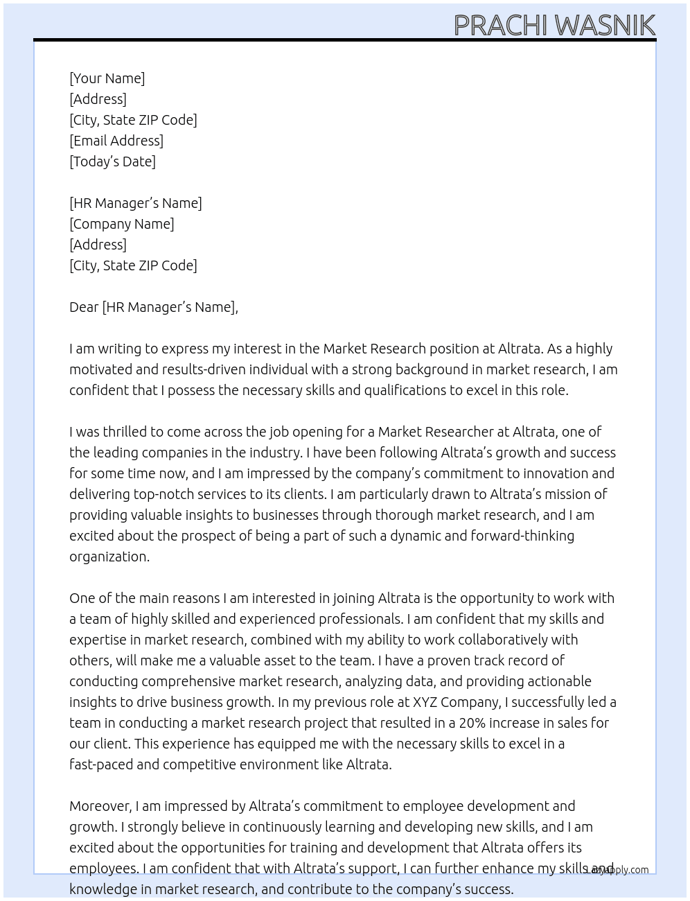 Market Research At Altrata Cover Letter