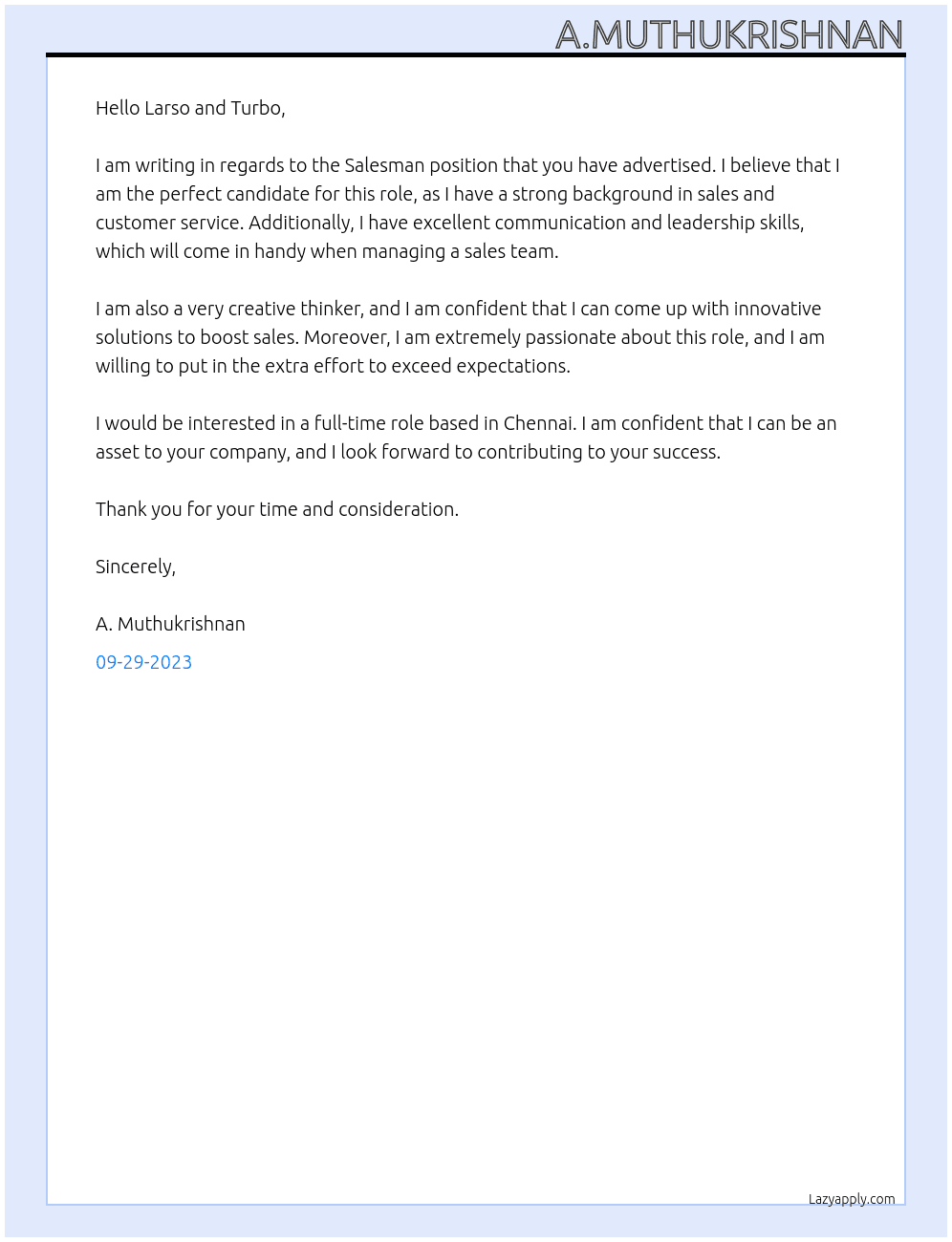 Sales man At Larso and turbo Cover Letter