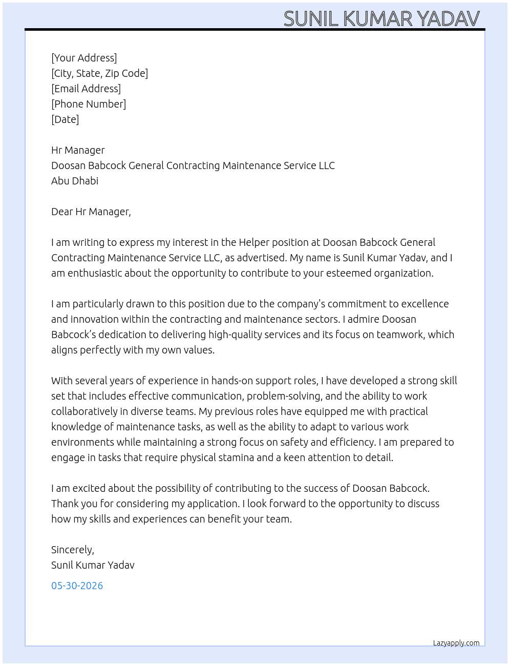 Cover letter for helper - LazyApply