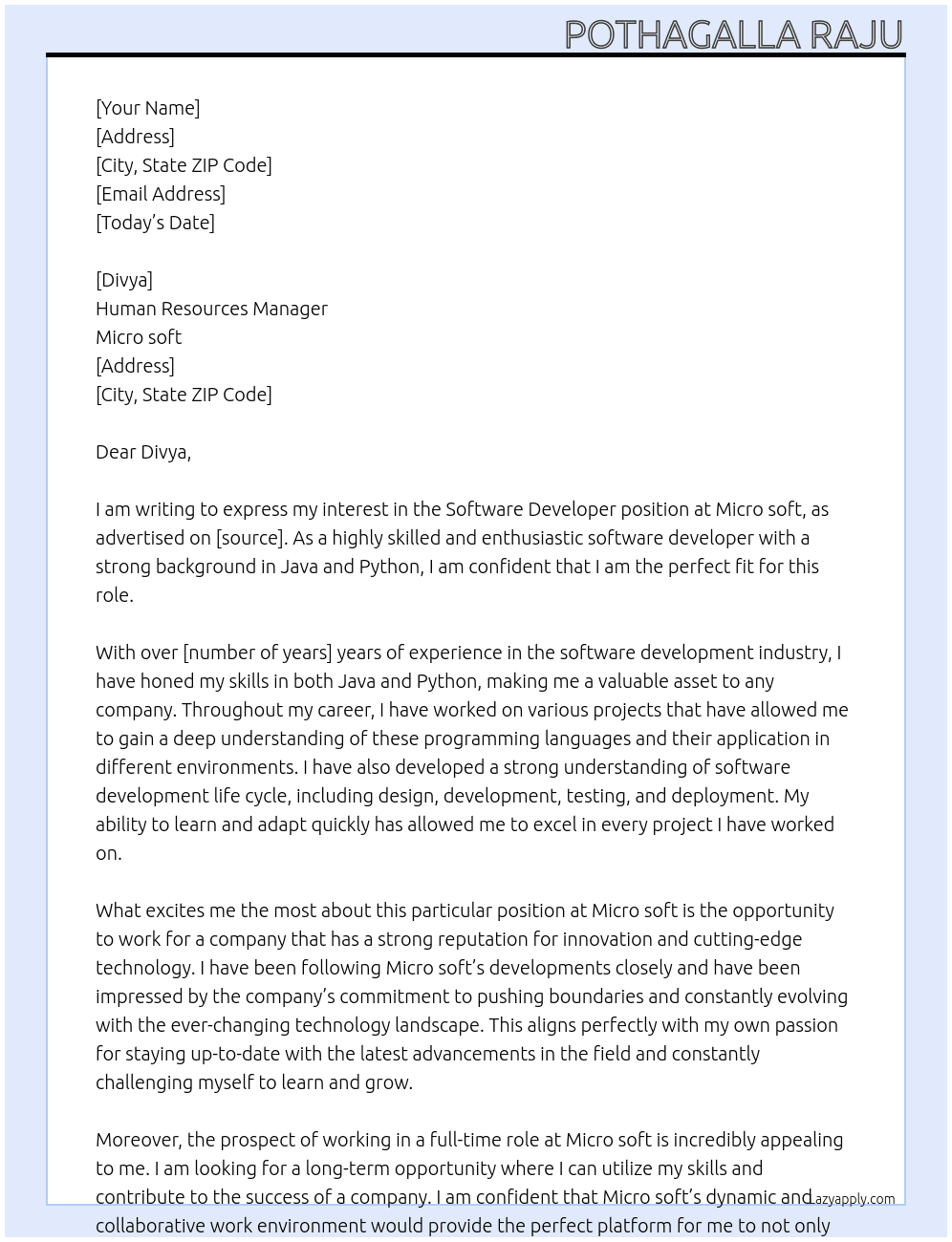 Software developer At Micro soft Cover Letter