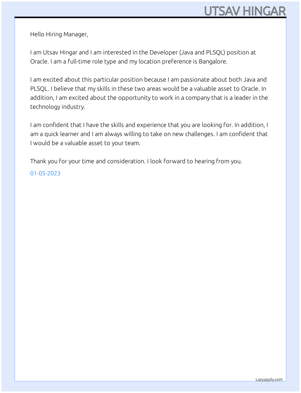 Cover letter for developer with java and plsql - LazyApply