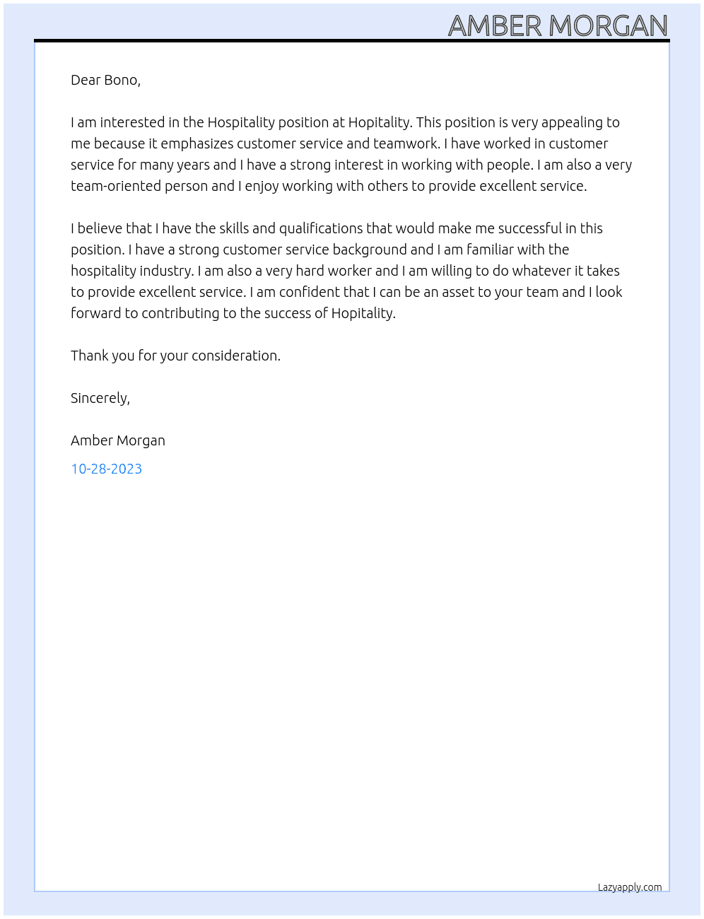 Hosipitality At Hopitality Cover Letter