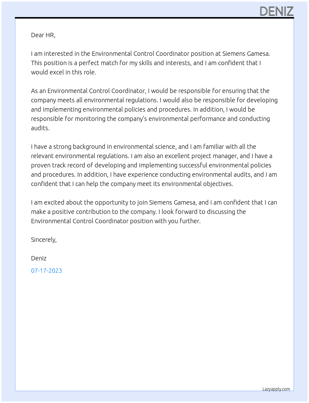 Environmental Control Coordinator At Siemens Gamesa Cover Letter