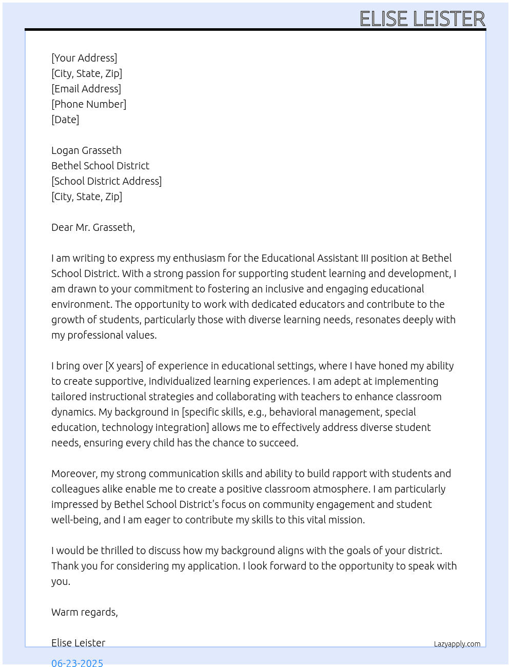 Educational Assistant III At Bethel School District Cover Letter