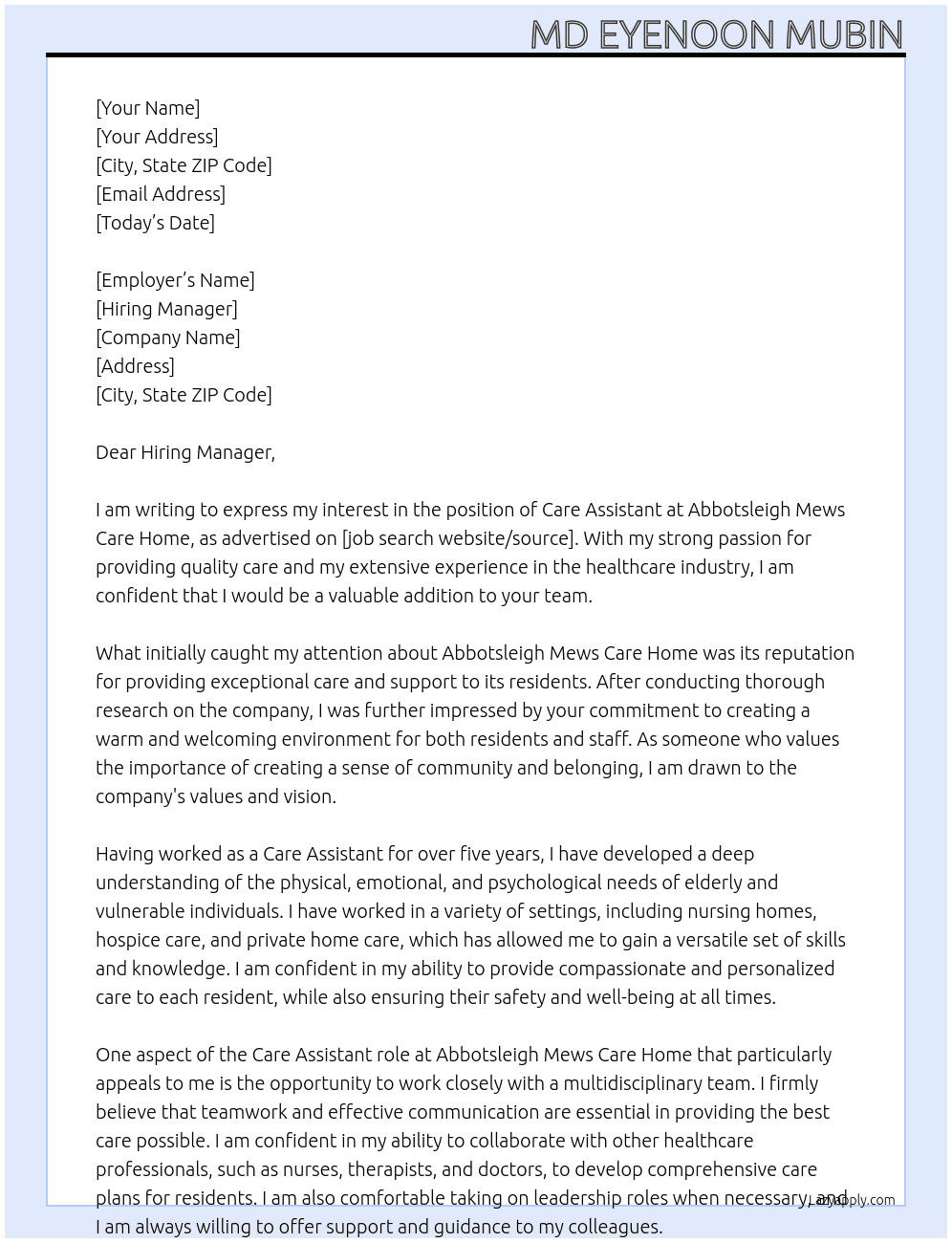 Care Assistant At Abbotsleigh Mews Care Home Cover Letter
