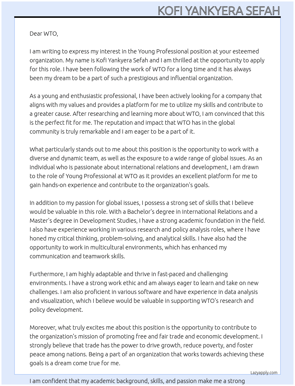 Young Professional At WTO Cover Letter