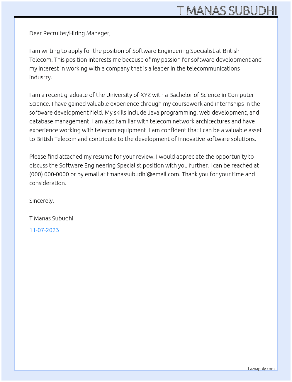 Software Engineering Specialist At British Telecom Cover Letter