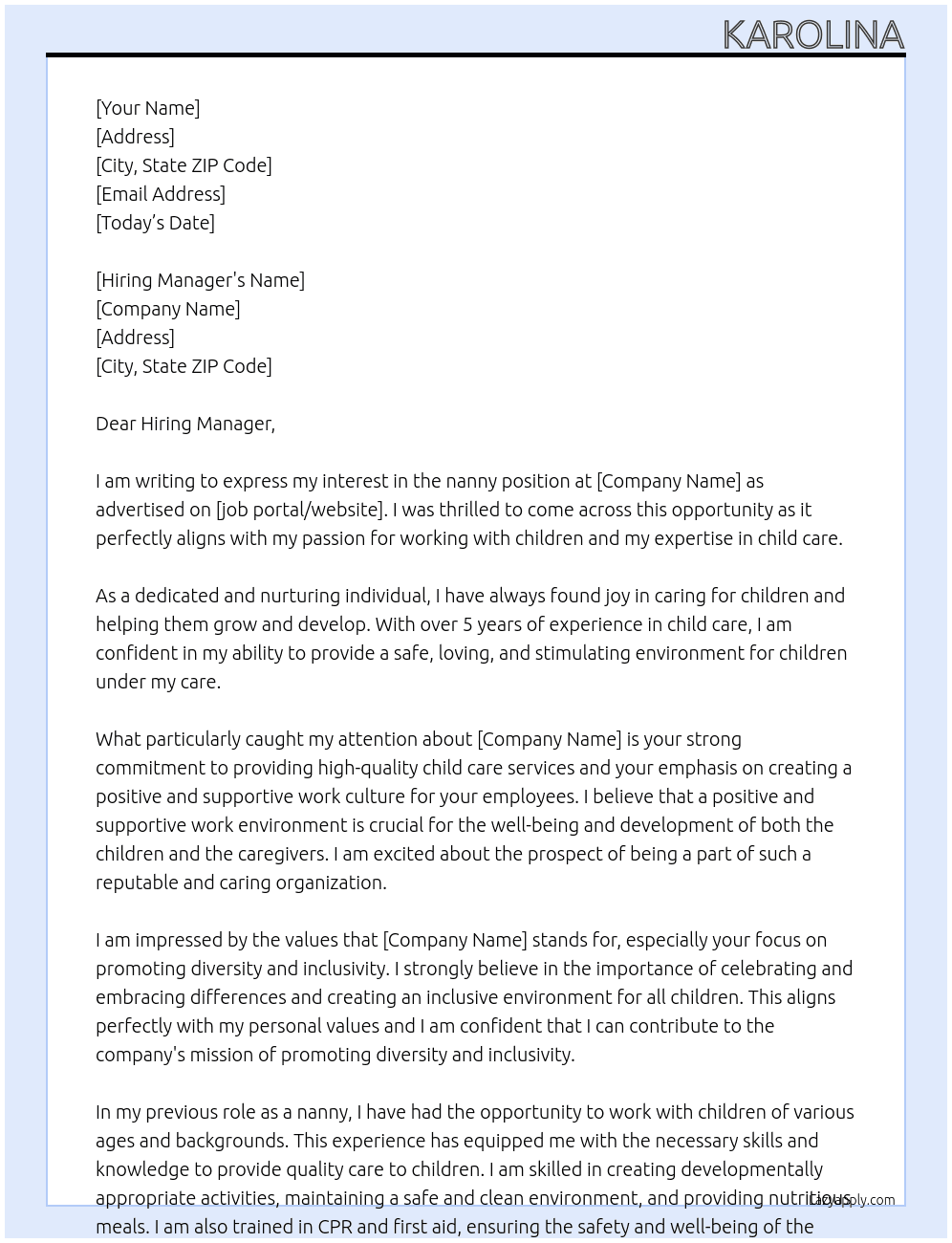 nanny At xxx Cover Letter