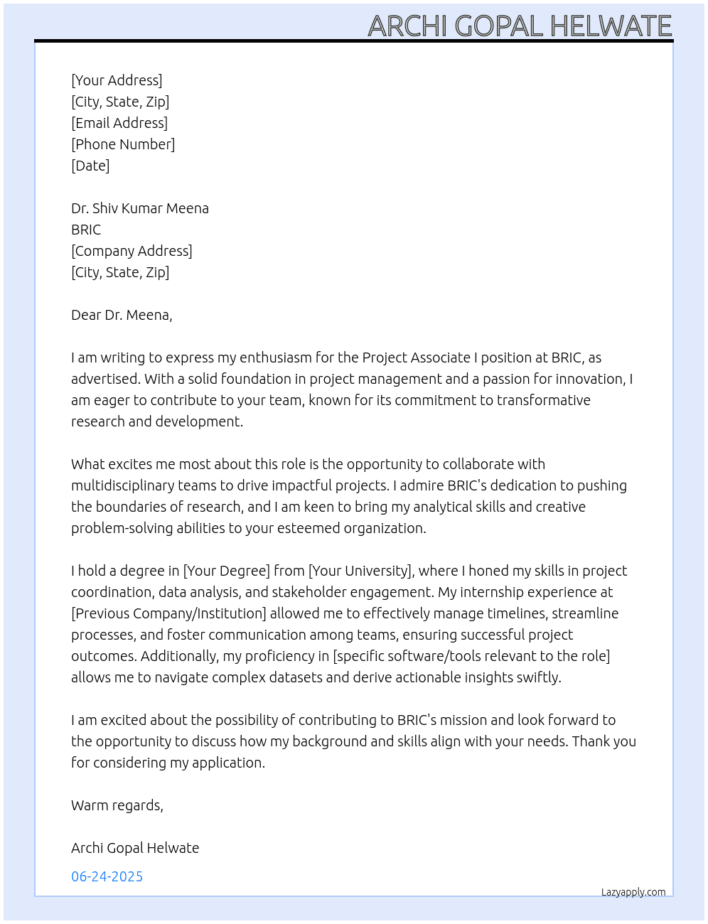 Cover letter for project associate i - LazyApply