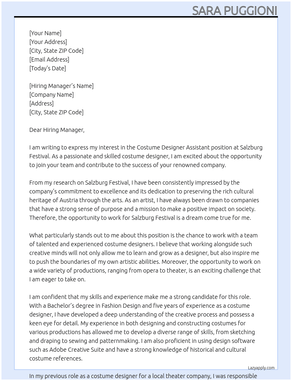 Cover letter for costume designer assistant - LazyApply
