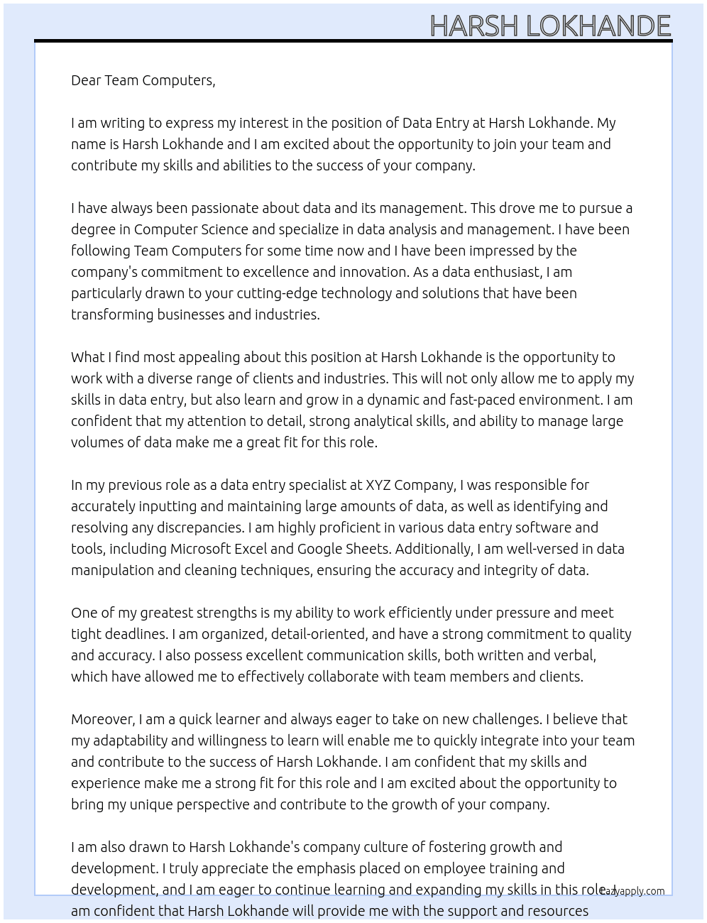 data entry At Harsh Lokhande Cover Letter