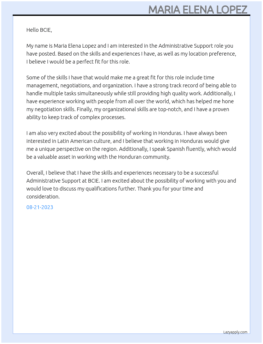 Administrative Support  At BCIE Cover Letter