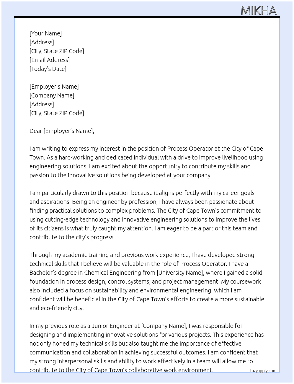 Process operator  At City of cape town  Cover Letter