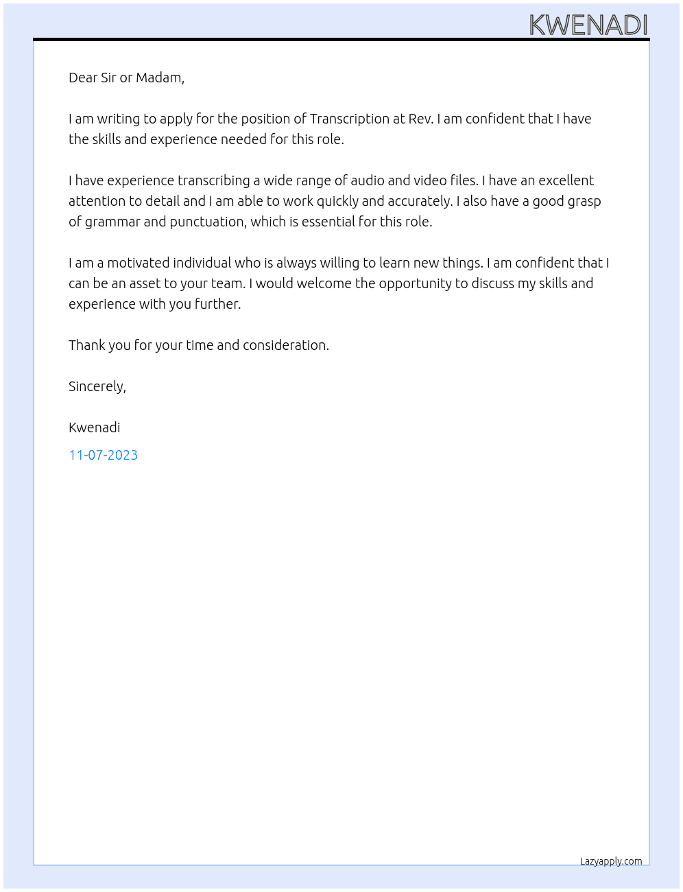 Transcription At Rev Cover Letter