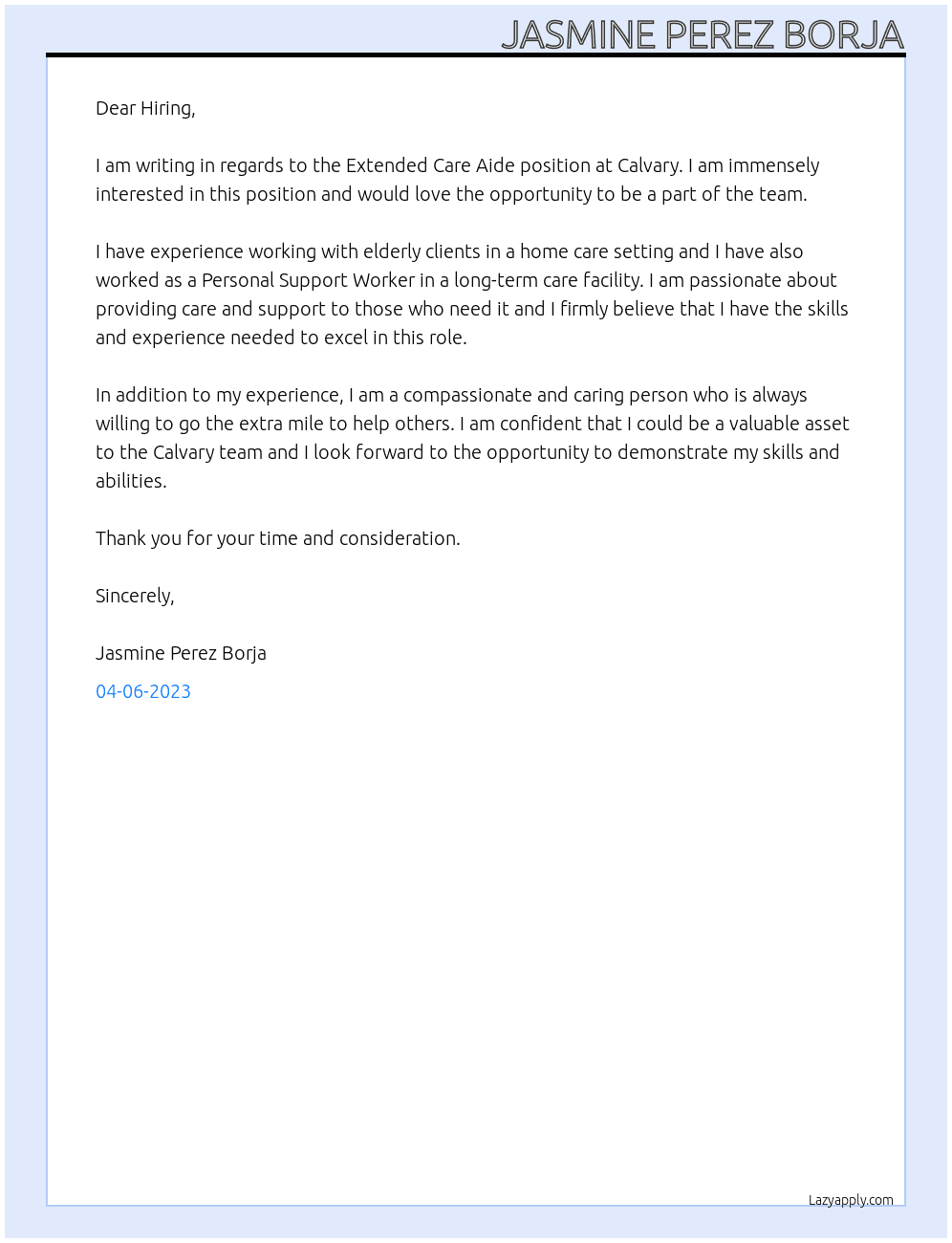 Extended Care Aide At Calavary  Cover Letter
