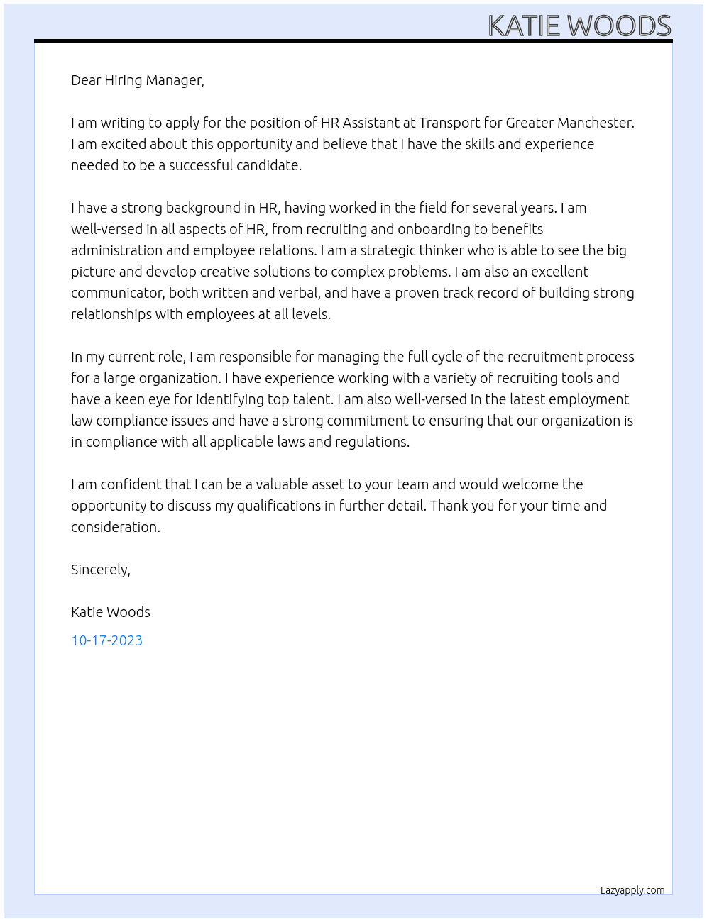 HR Assistant At Transport for Greater Manchester  Cover Letter