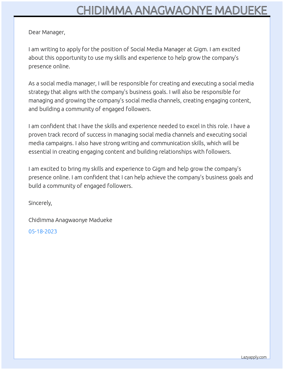 Social media manager At Gigm Cover Letter