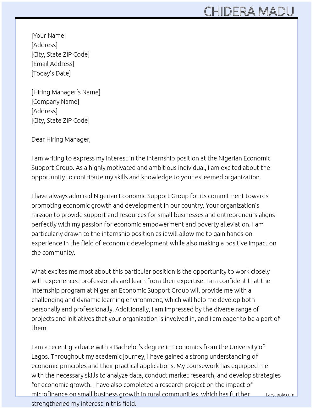 Internship  At Nigerian Economic Support Group  Cover Letter