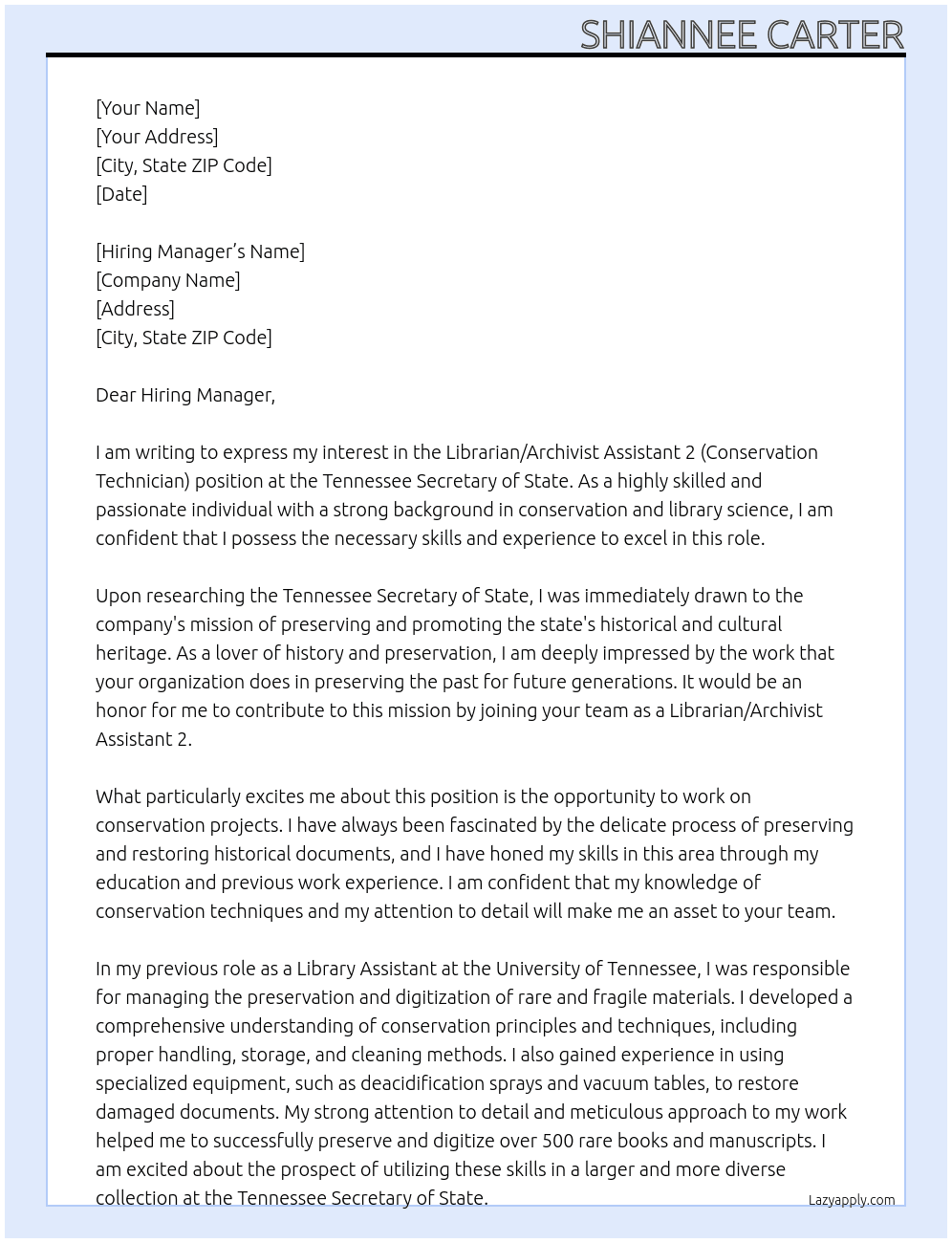 Librarian/Archivist Assistant 2 (Conservation Technician) At Tennessee Secretary of State  Cover Letter