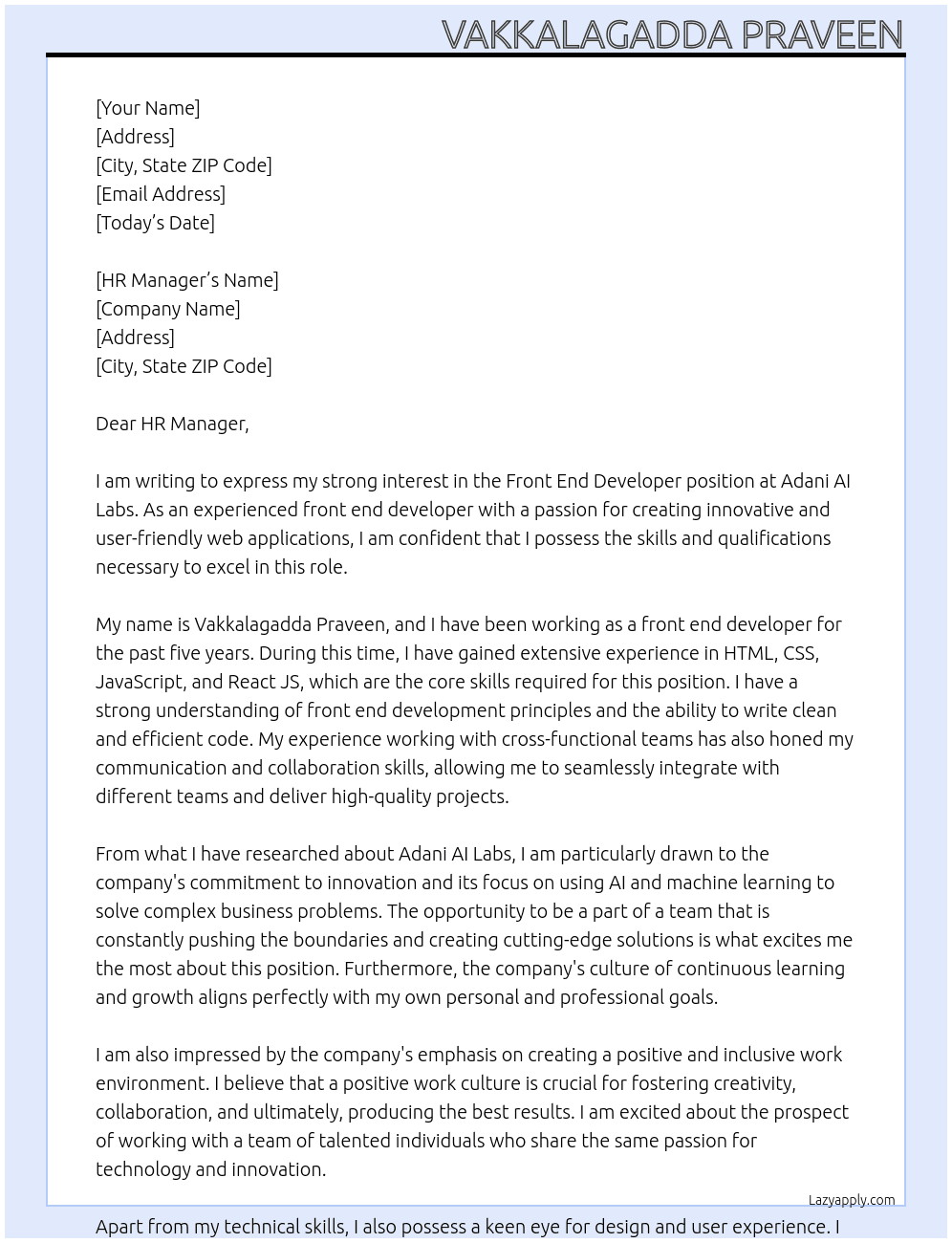 front end developer At Adani Ai labs Cover Letter
