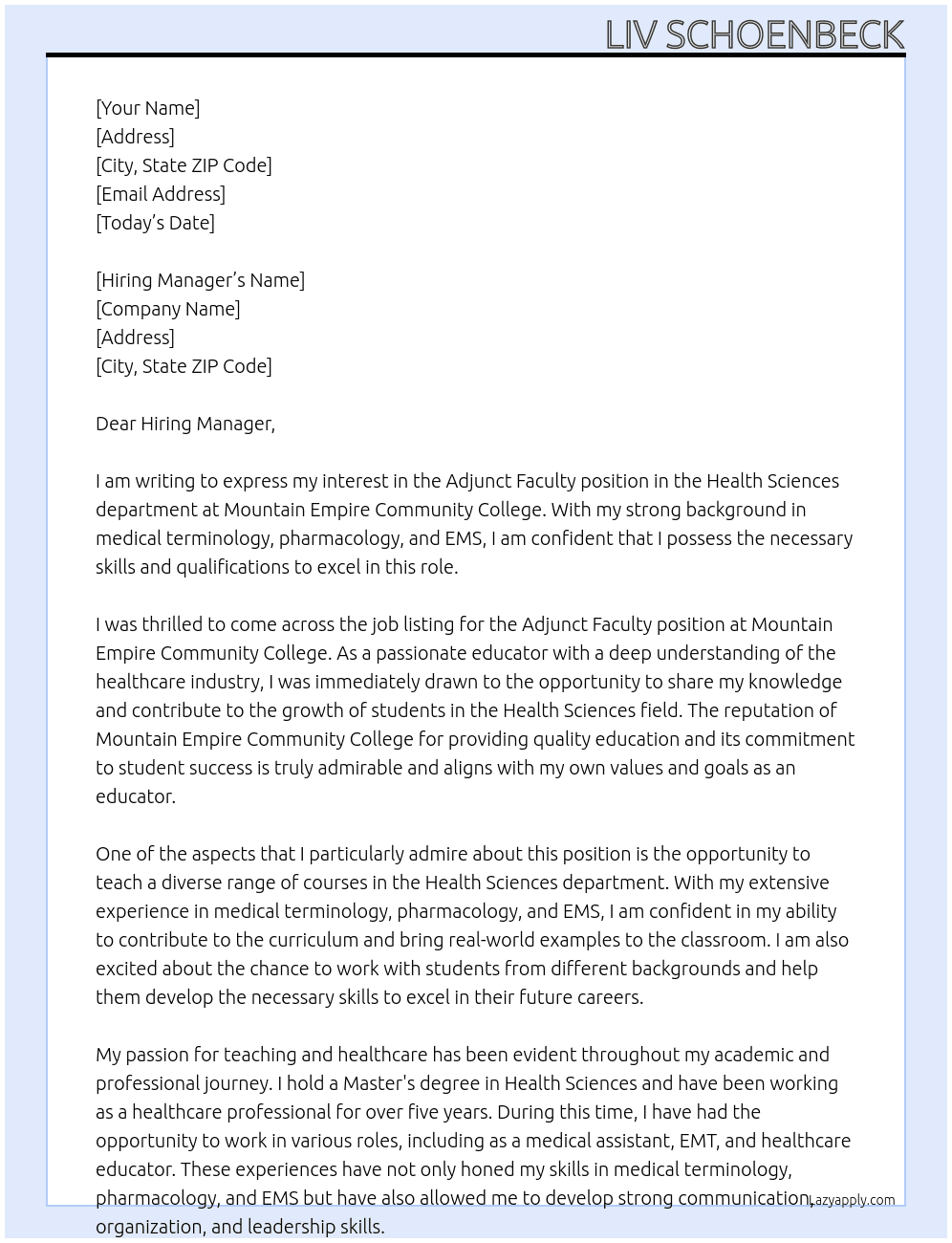 Adjunct Faculty - Health Sciences At mountain empire community college Cover Letter