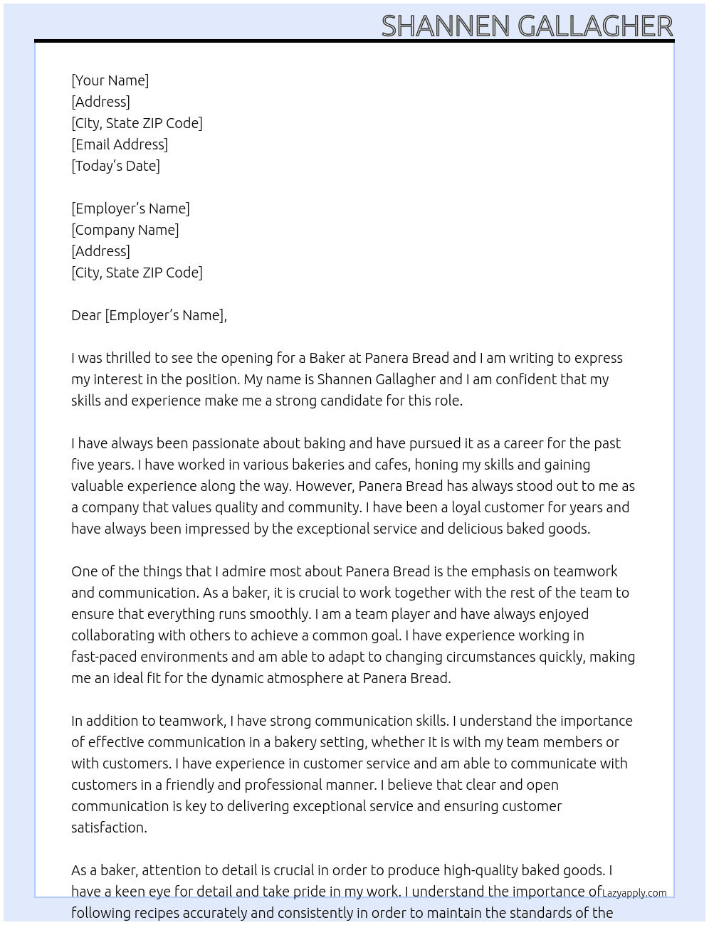 Baker At Panera Bread Cover Letter