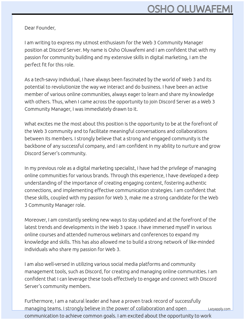 Web 3 Community Manager At Discord Server  Cover Letter