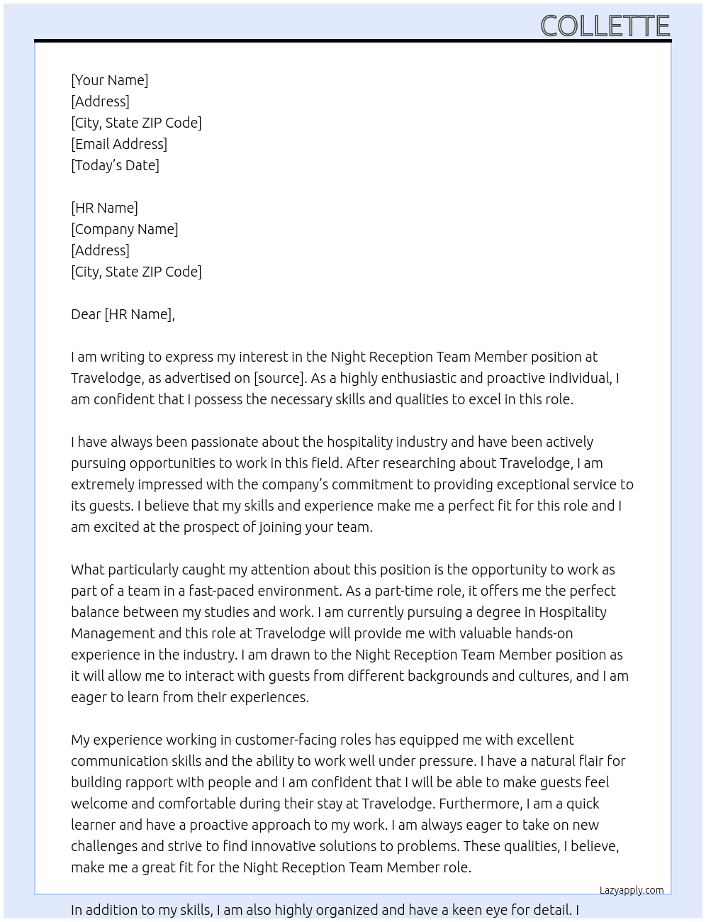 Night Reception Team Member At Travelodge  Cover Letter