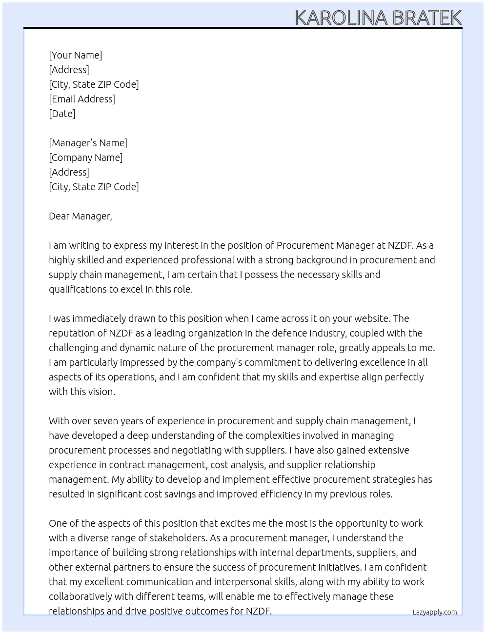 Procurement manageer At NZDF Cover Letter