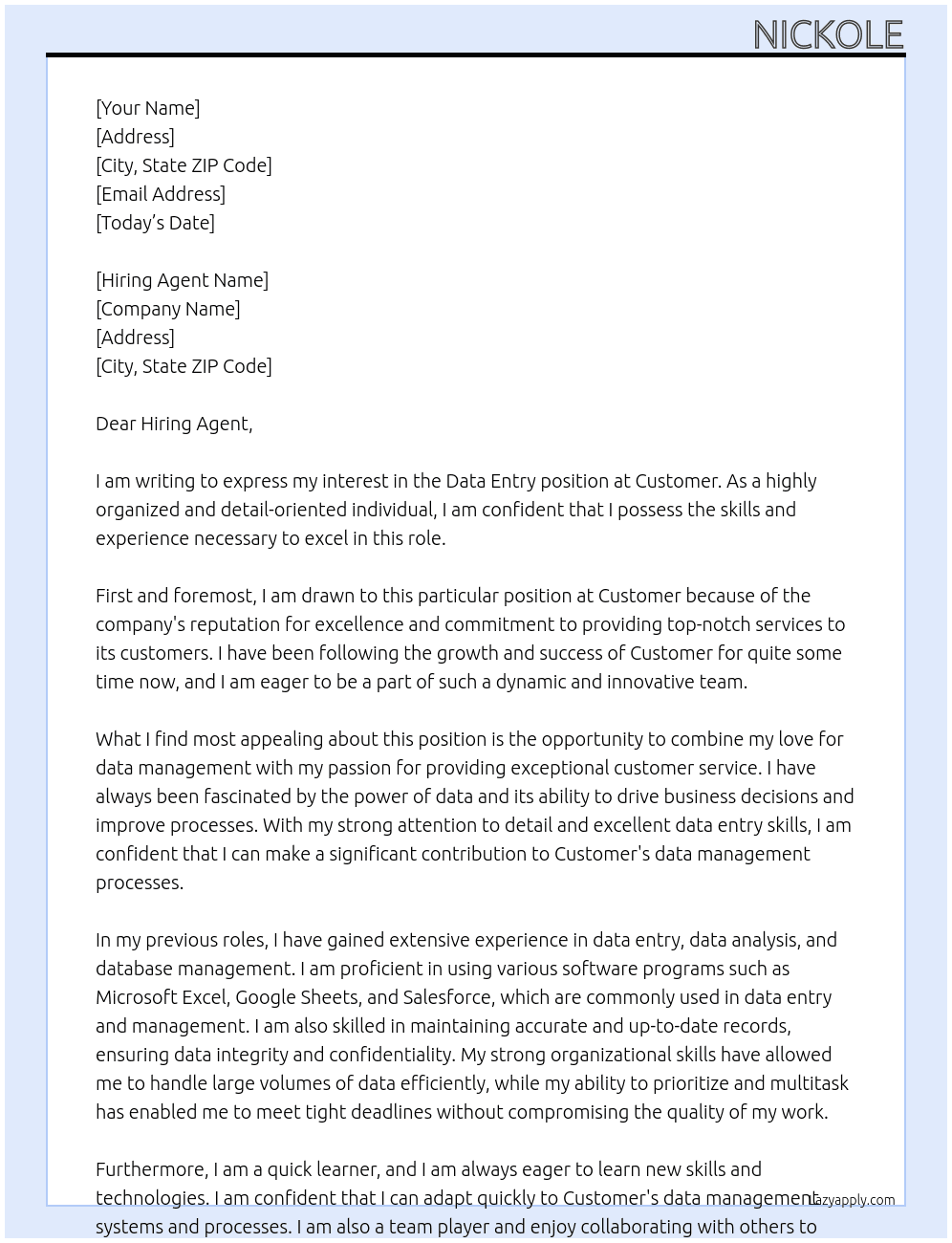 Data Entry At Customer Cover Letter