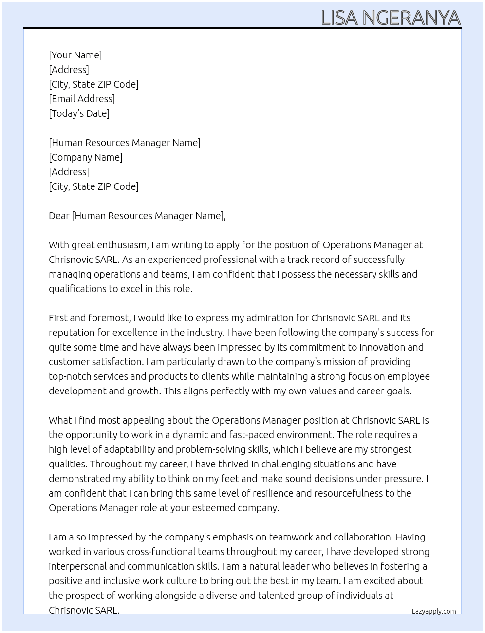 operations manager At Chrisnovic SARL Cover Letter